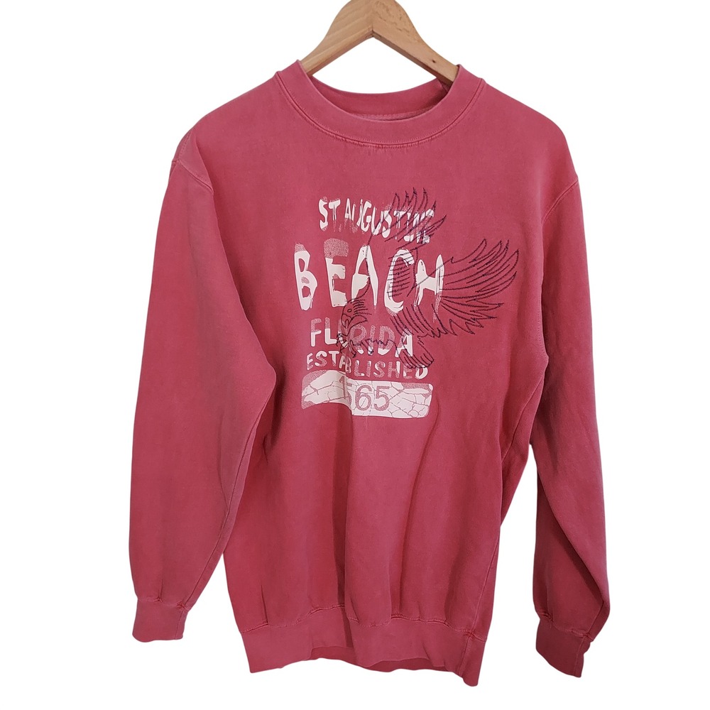 St Augustine Beach Florida Graphic Crewneck Sweatshirt Dusty Faded Red M Coastal